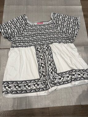 [3X]Woman Within Women's Black White Printed Embellished Peasant Blouse